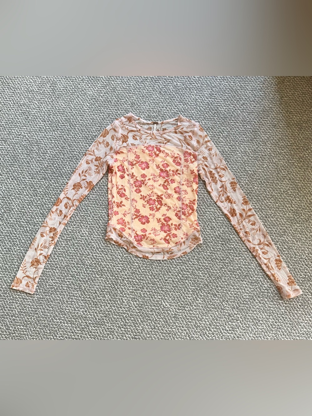 LIKE NEW Free People Betty’s Garden Top Fitted Cropped Mesh Floral Pattern Sheer